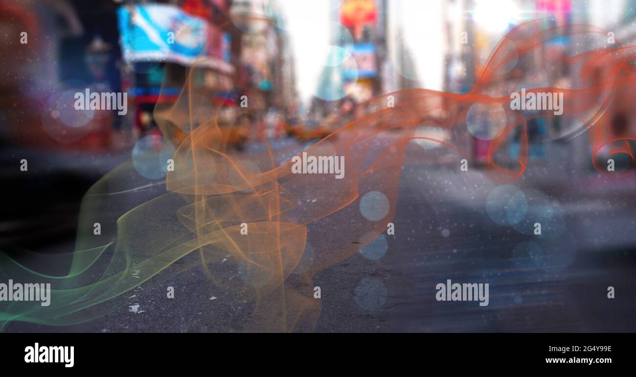Digital composite image of smoke effect and spots of light against view of city traffic Stock Photo - Alamy