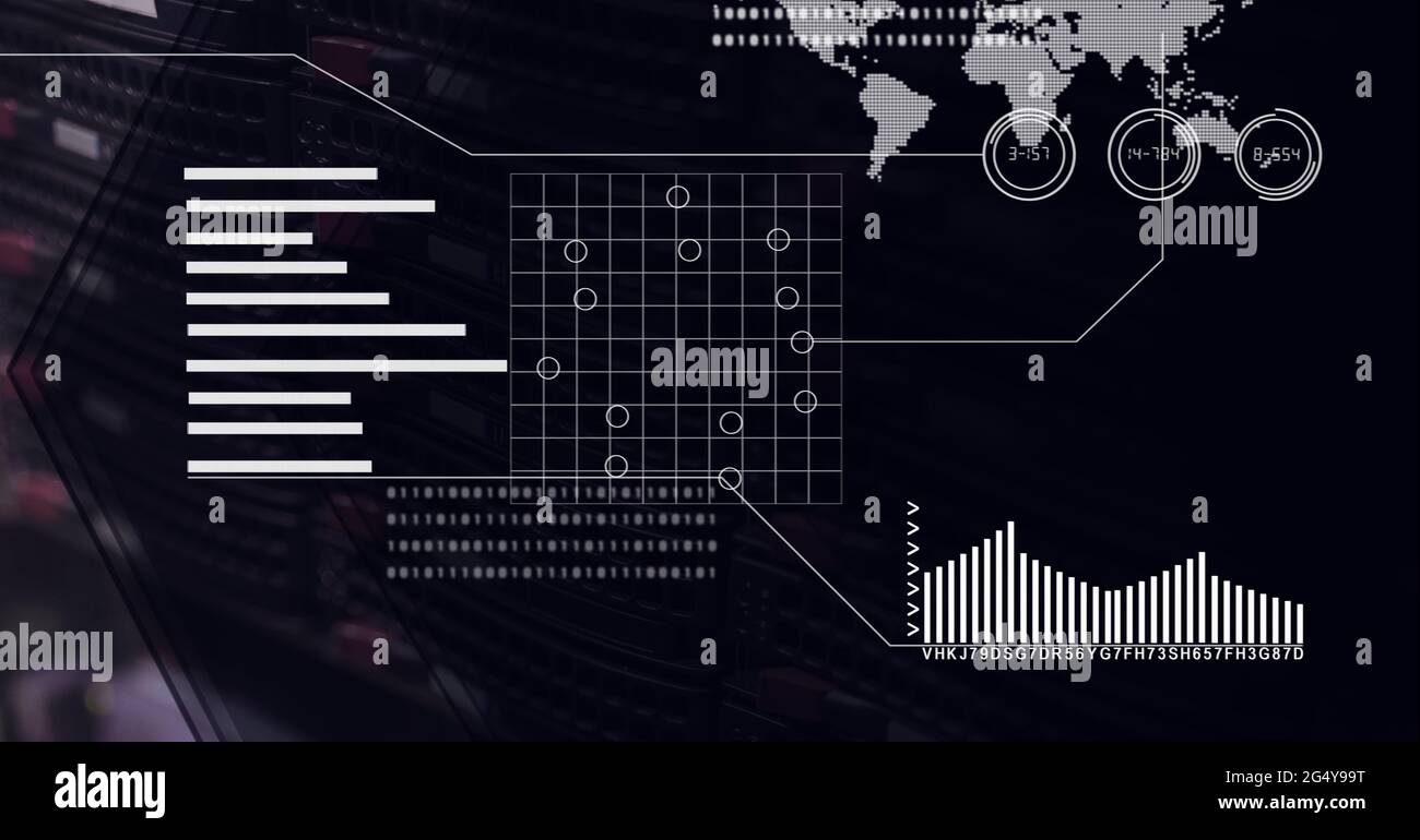 Digital interface with data processing over world map against black ...