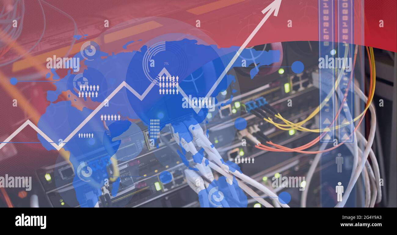 Data processing and world map over close up of computer server against ...