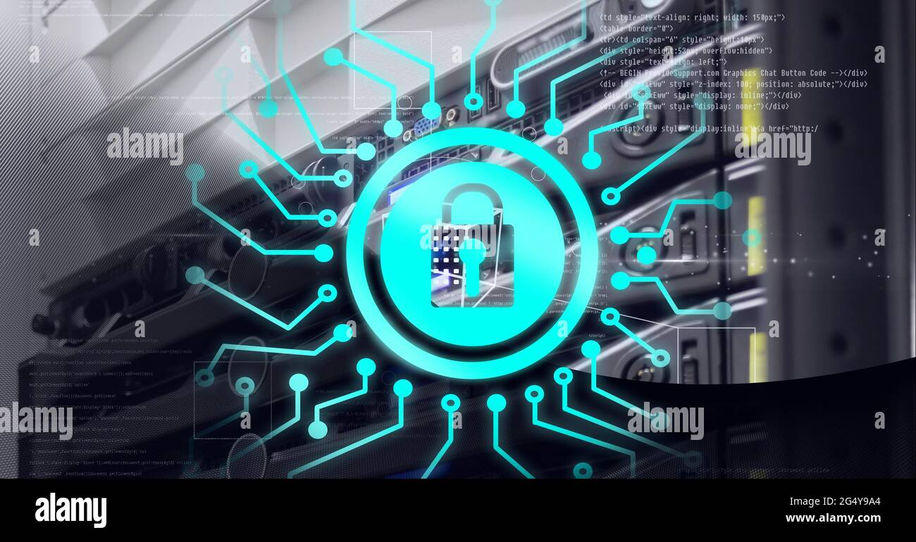Security padlock icon against computer server room against black ...