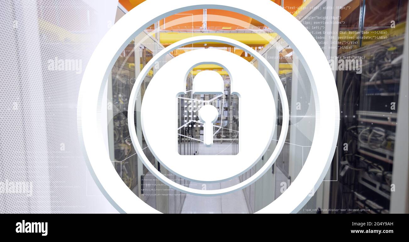 Security padlock icon against computer server room against grey ...