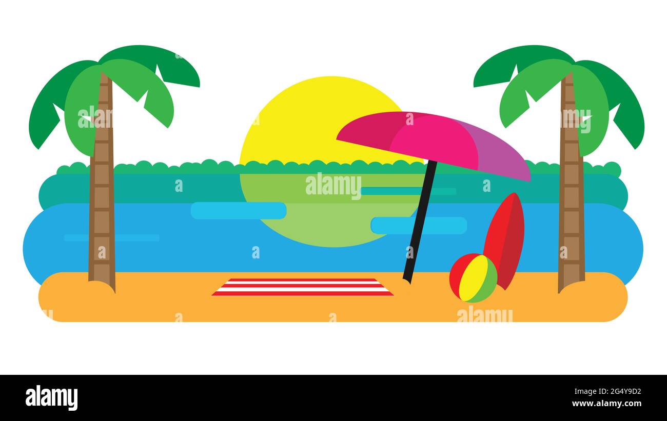 Beach Landscape with Beach Umbrella, Mat, Surfboard and a Ball. Sunset beach landscape. Flat Design Vector illustration. Stock Vector