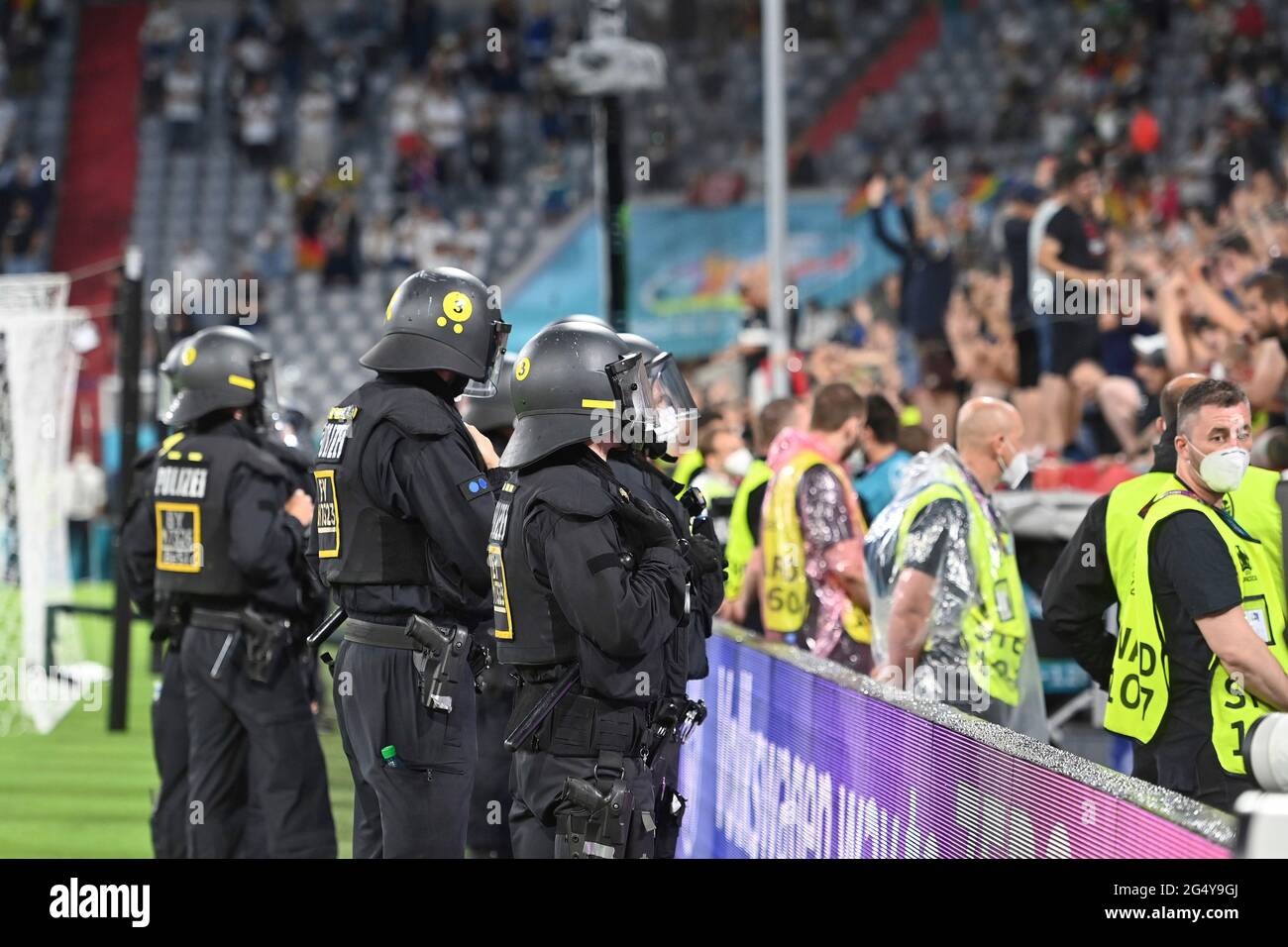 Police, police officers, support command (USK) stand on the edge of the  field in front of the Hungarian fans, football fans, group stage,  preliminary round group F, game M36, Germany (GER) -