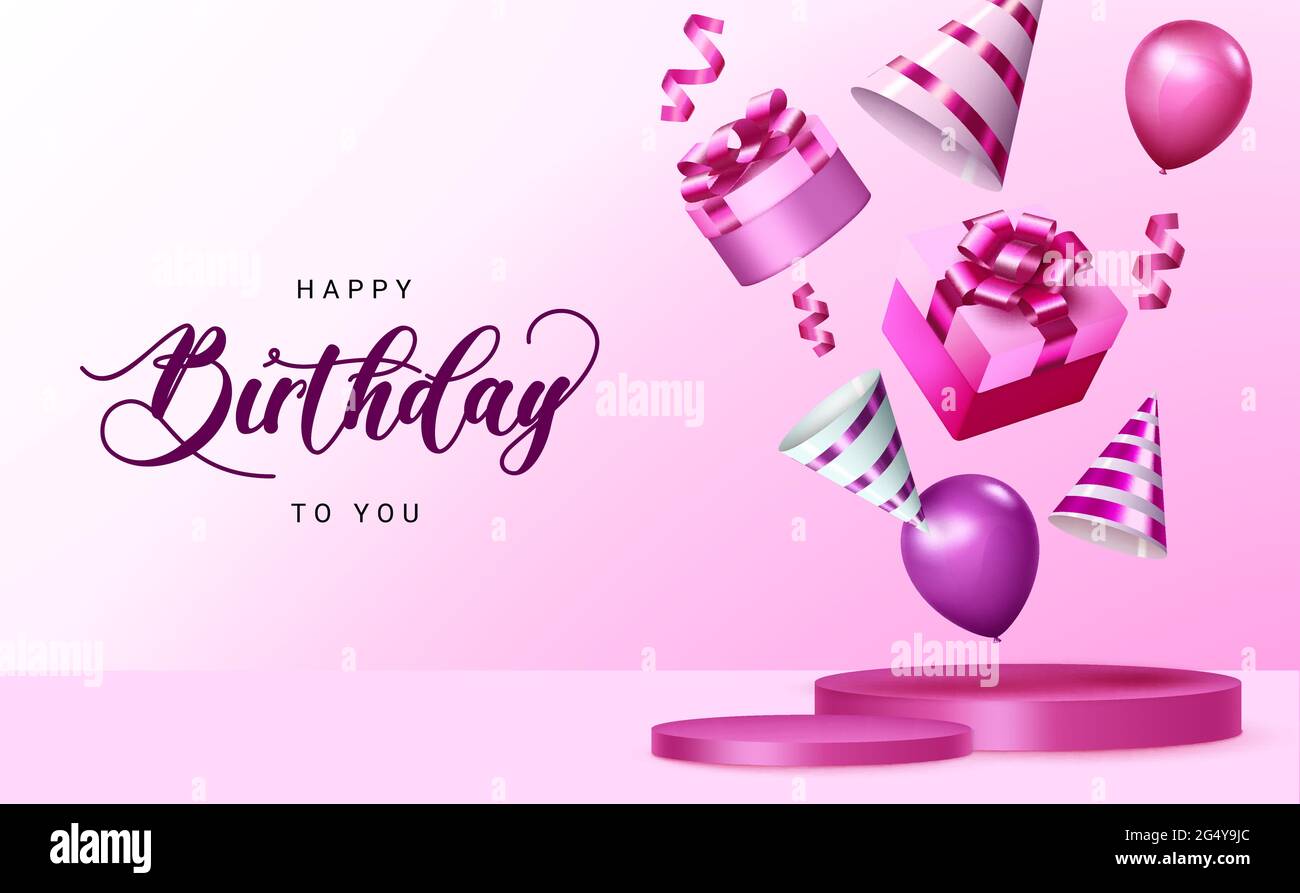 Happy birthday vector banner design. Happy birthday to you text in pink  background space with gifts, balloons and party hats elements for birth day  Stock Vector Image & Art - Alamy