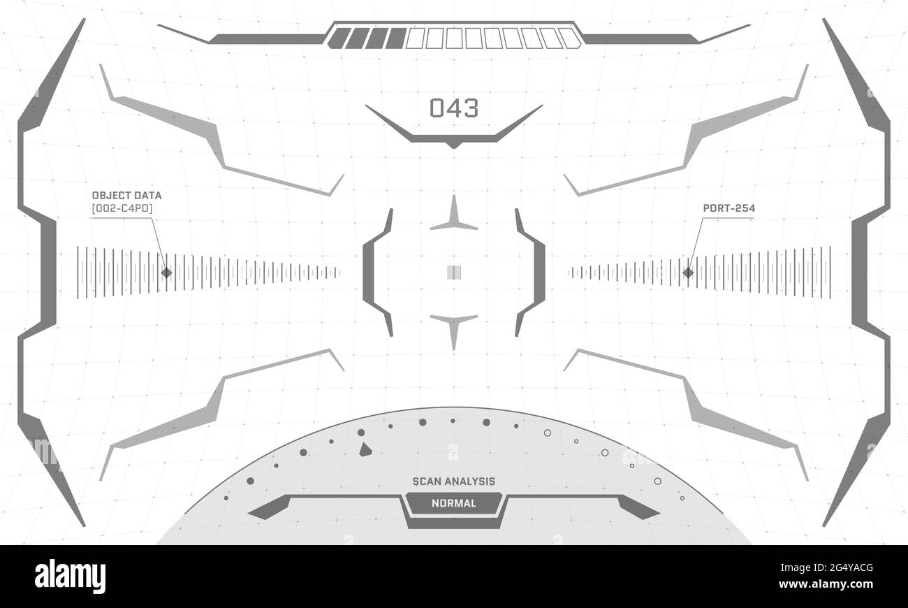 VR HUD interface crosshair screen black and white design. Futuristic sci-fi virtual reality view head up display visor. GUI UI digital technology control center dashboard panel vector eps illustration Stock Vector