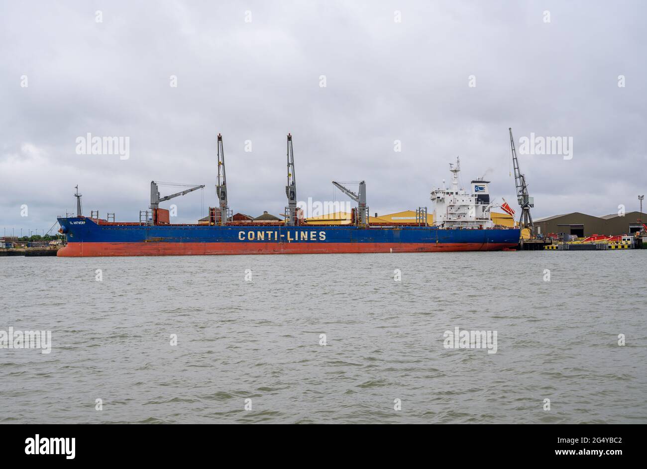 'CL Antwerp' bulk carrier ship, owned by Conti-Lines NV and registered in Belgium moored at Isle of Sheppey, Kent, England. Stock Photo