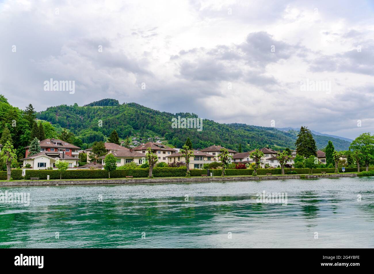 Amazing postcard view on Thun Lake (Thunersee, Thuner See), alps mountains Eiger, Jungfrau, Monch (Moench, Mönch), with a birds. Thun, Switzerland. Stock Photo