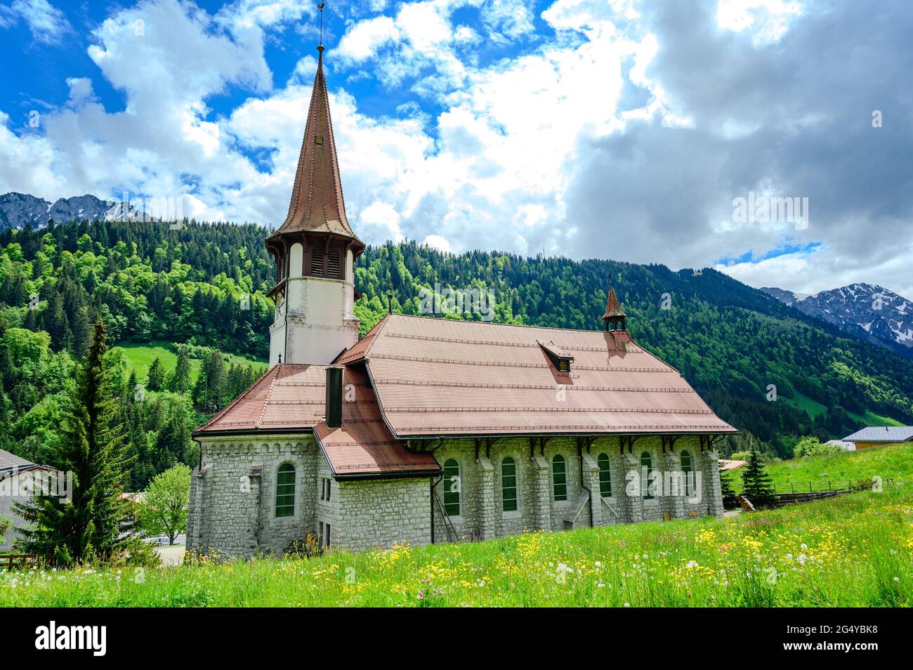 Church in Jaun, alps mountains,  Kanton Fribourg, Freiburg nearby Bulle, Bern, Thun. Good hiking tourist way. Switzerland Stock Photo