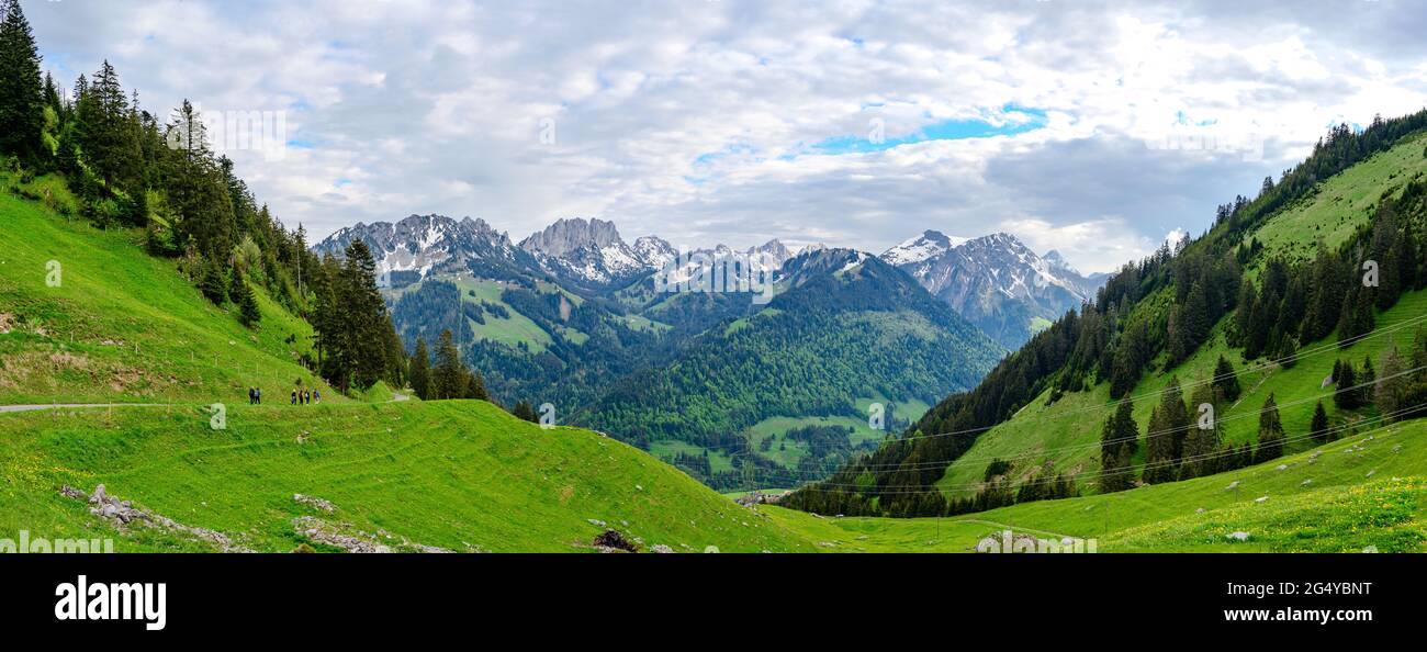 View on alps mountains, cloudy sky, green fields by Jaun. Canton Fribourg, Freiburg nearby Bulle, Bern, Thun. Good hiking tourist way. Switzerland Stock Photo