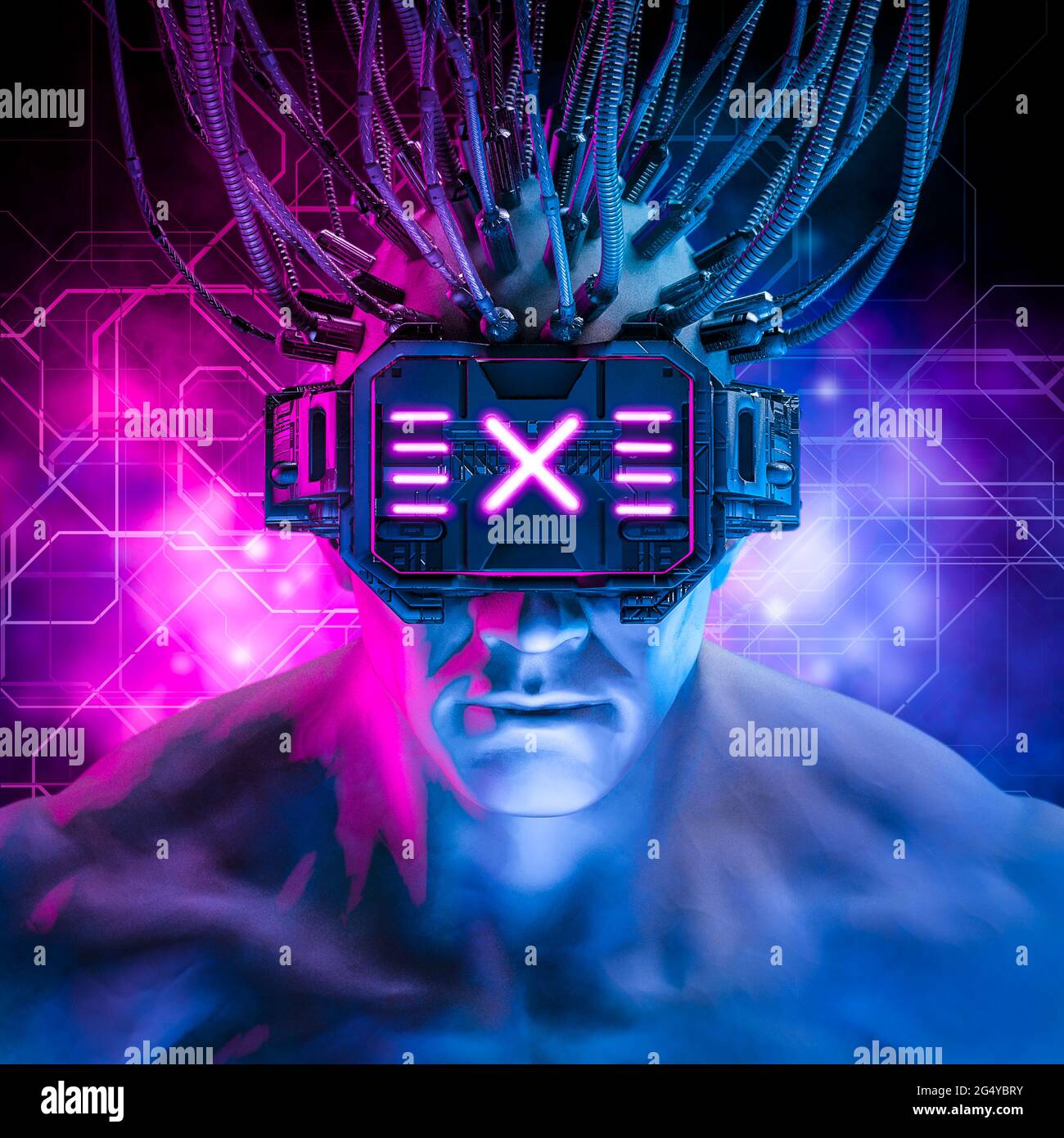 Hardwired cyberpunk man / 3D illustration of science fiction cyberpunk muscular male character wearing futuristic virtual reality glasses Stock Photo