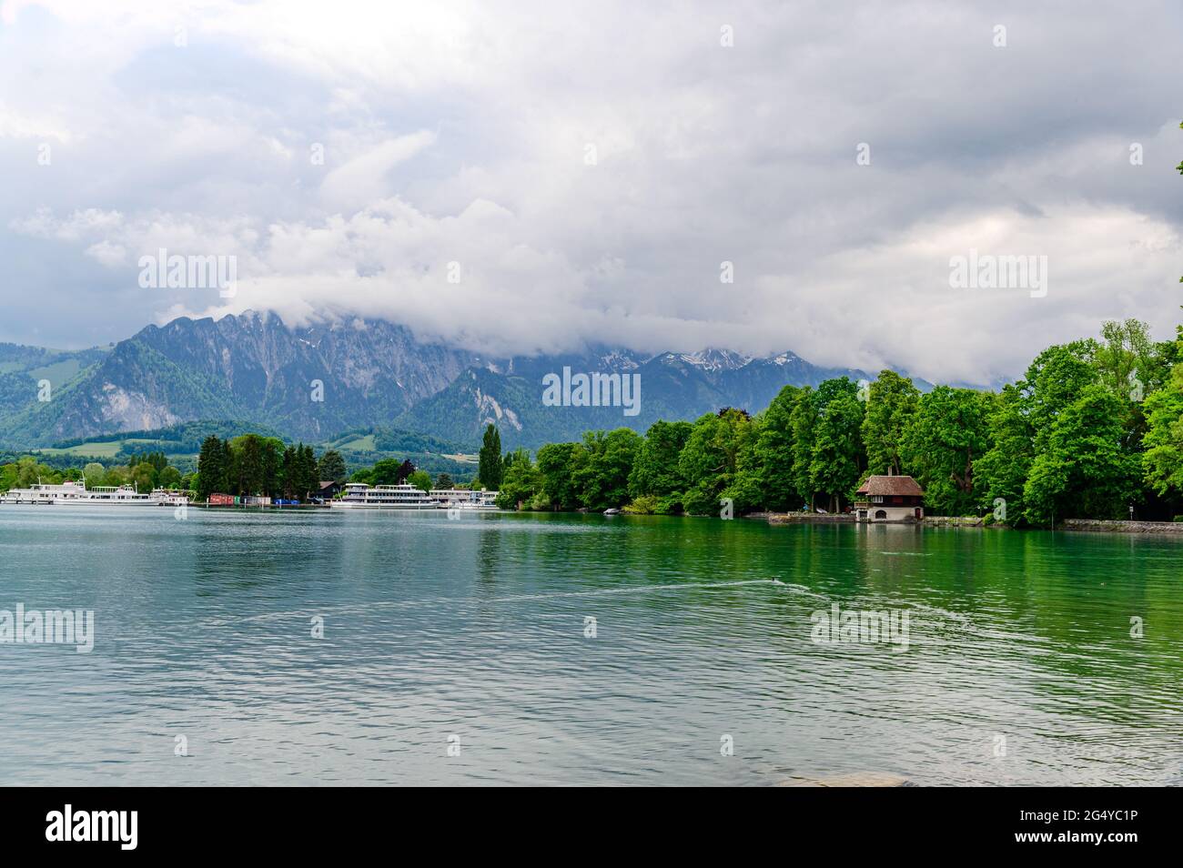 View on Thun Lake (Thunersee, Thuner See), alps mountains . Thun, Switzerland. Stock Photo