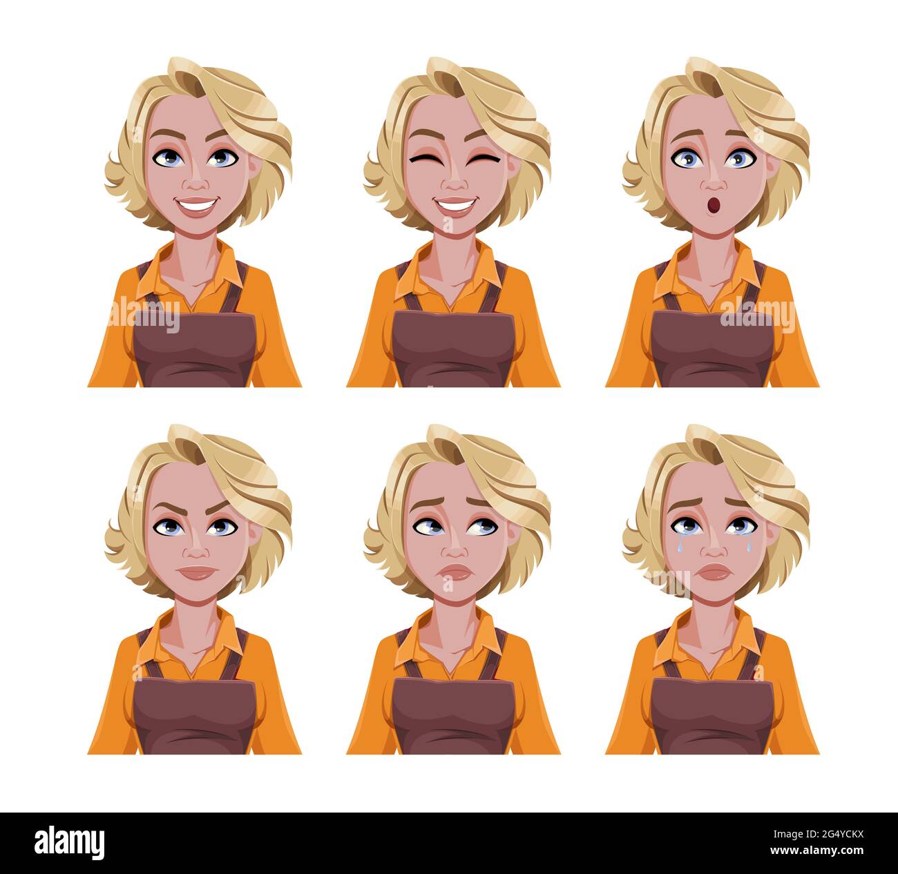 Face expressions of woman barista. Different female emotions set. Beautiful cartoon character. Vector illustration isolated on white background. Stock Vector