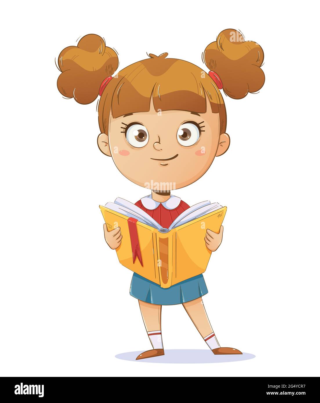 Cheerful schoolgirl holding a book. Funny cartoon character. Back to school  concept. Vector illustration on white background Stock Vector Image & Art -  Alamy