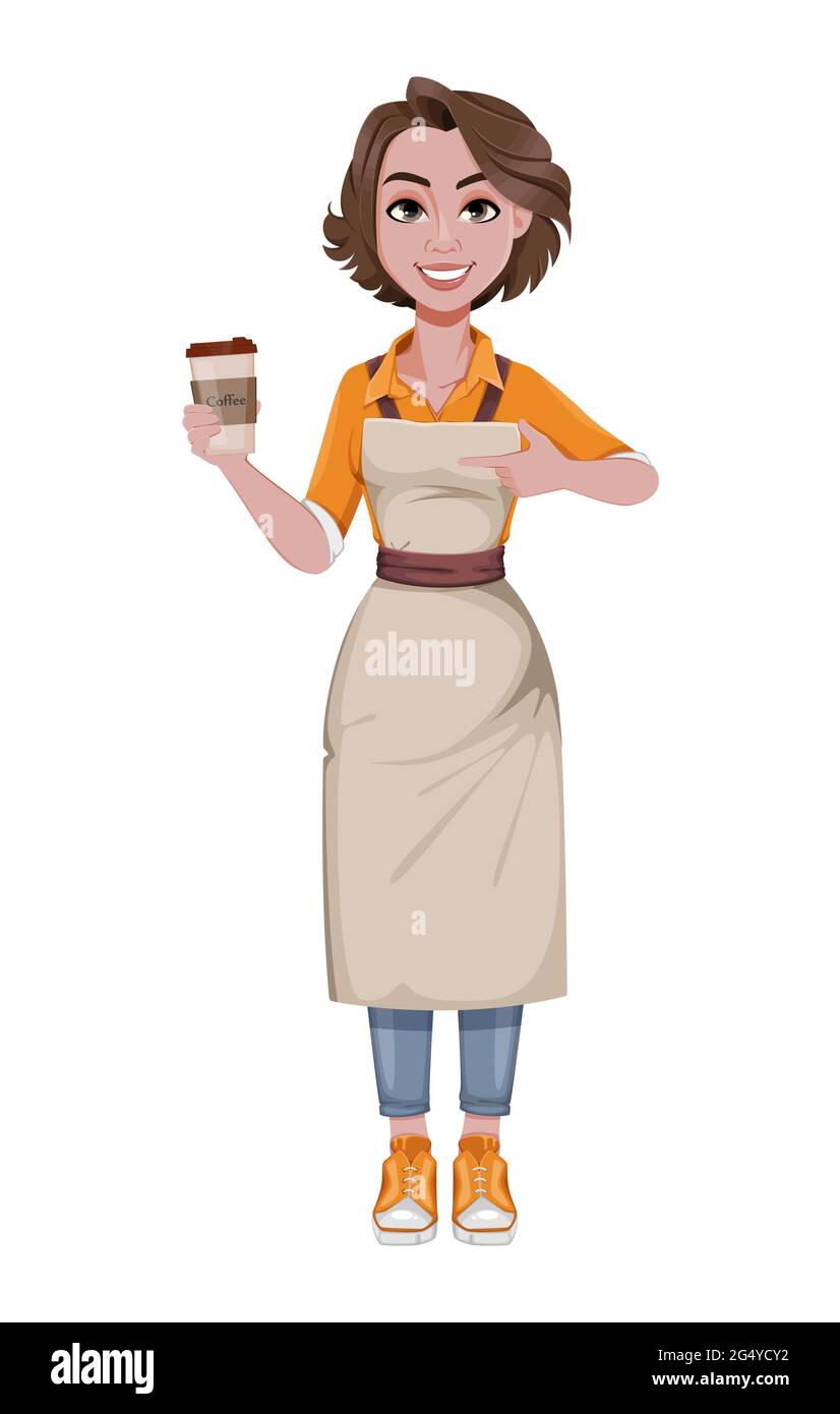 Female barista serving coffee. Coffee business concept. Cheerful