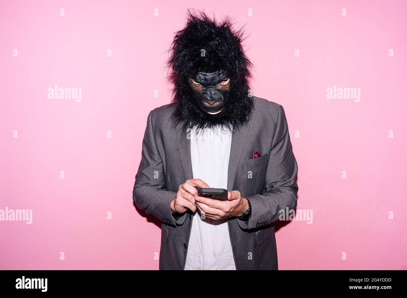 Gesture man with gorilla mask using smart phone Stock Photo