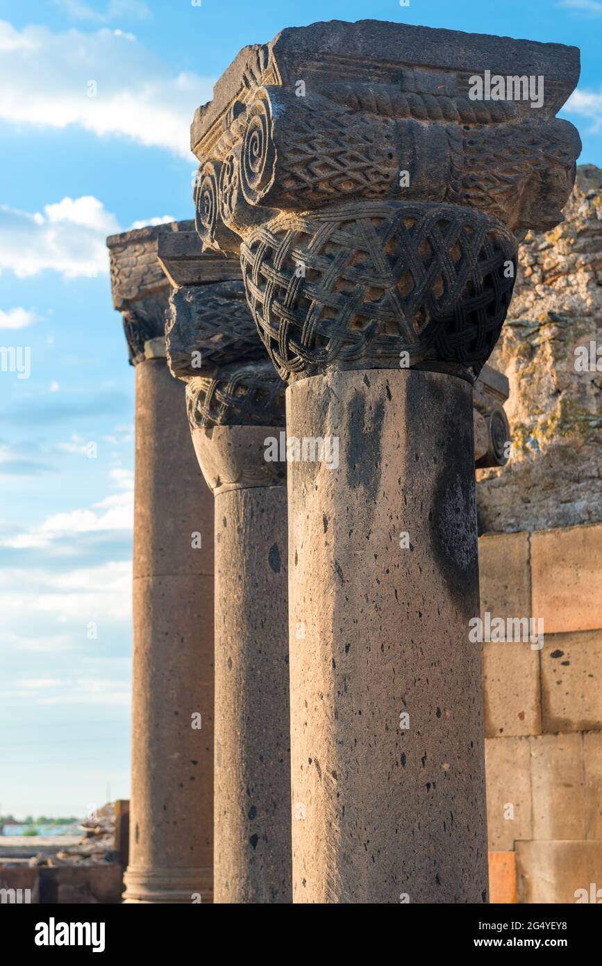 Columns of the ancient Zvartnots temple close-up, a landmark of Armenia Stock Photo