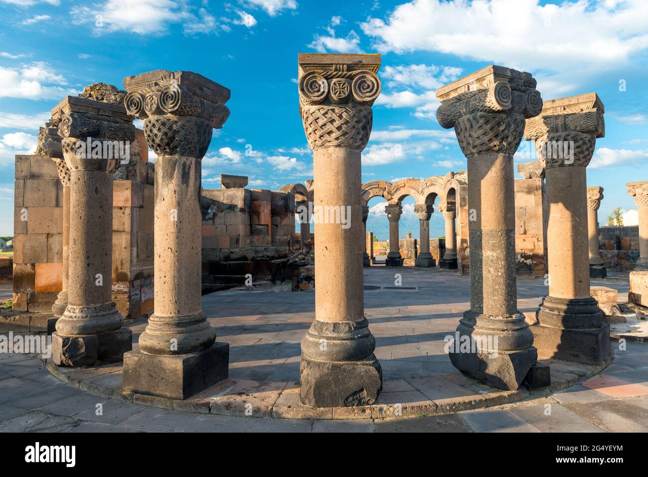 Columns and ruins of the ancient Zvartnots temple, a landmark of Armenia Stock Photo