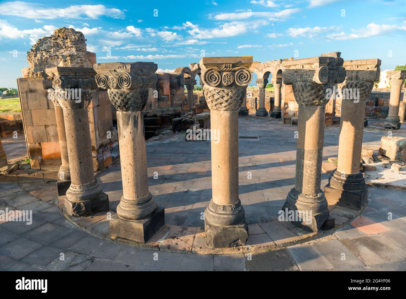 the ruins and columns of the ancient Zvartnots temple, a landmark of Armenia Stock Photo