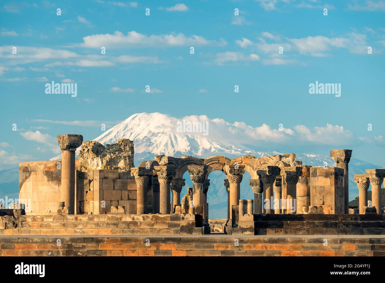Zvartnots temple on the background of Mount Ararat - a landmark of Armenia Stock Photo