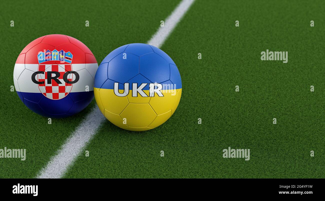 Croatia vs. Ukraine Soccer Match - Leather balls in Croatia and Ukraine national colors. Copy space on the right side. 3D Rendering Stock Photo