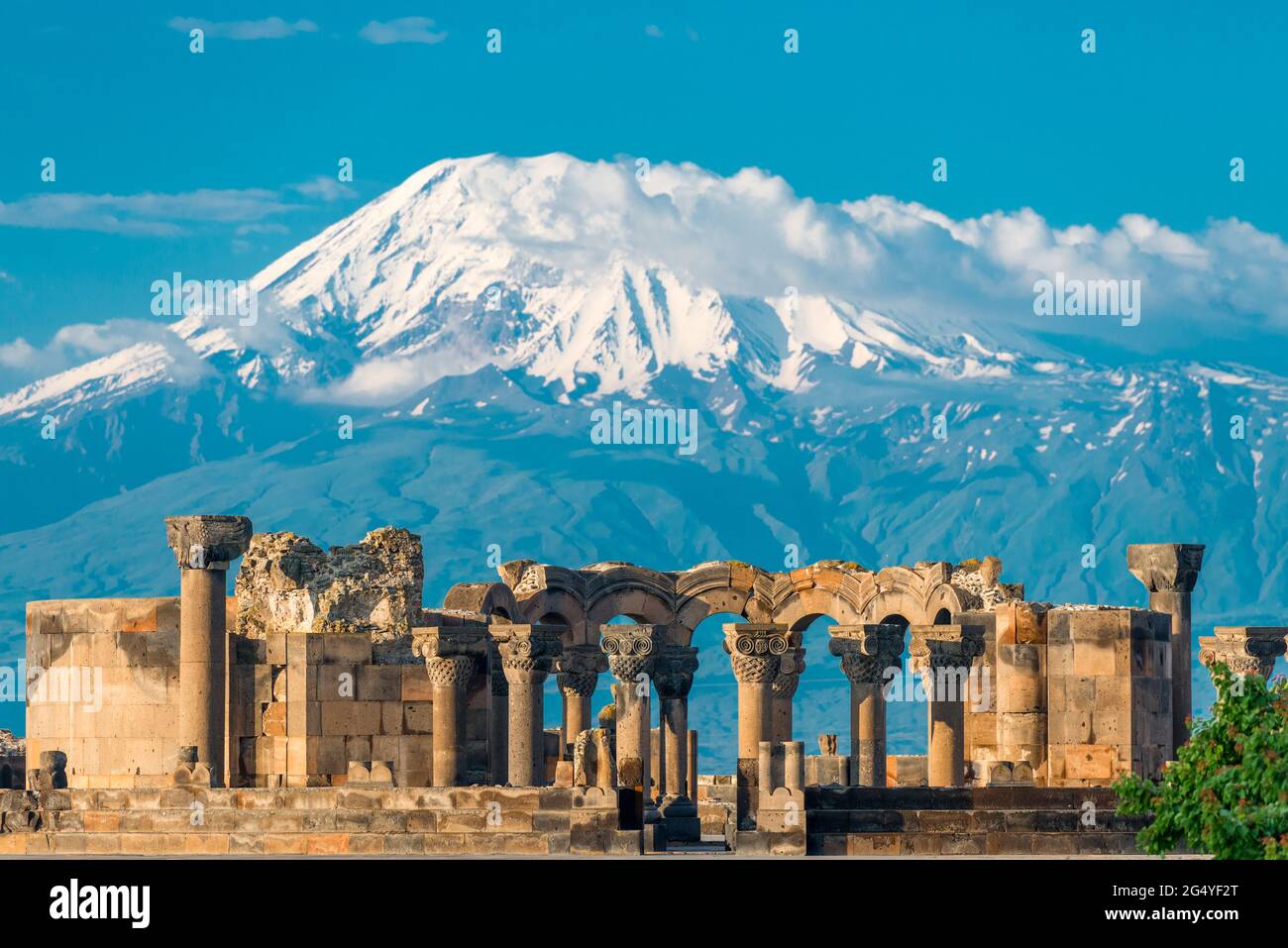 High snowy Ararat and the ruins of Zvartnots temple a landmark of Armenia Stock Photo