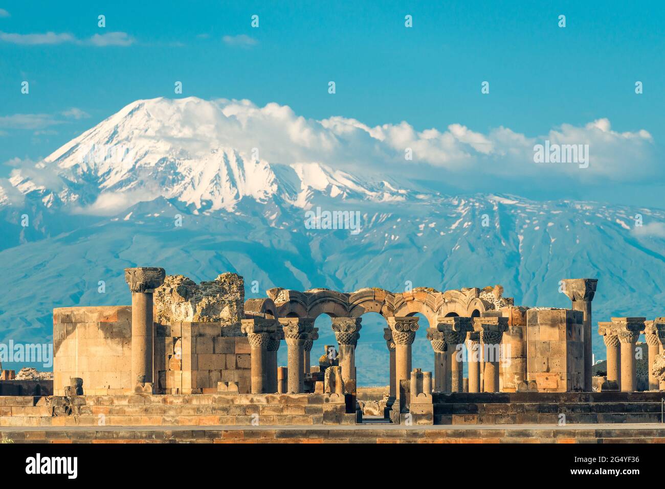 Mount Ararat and view of the ruins of Zvartnots temple, Armenia Stock Photo