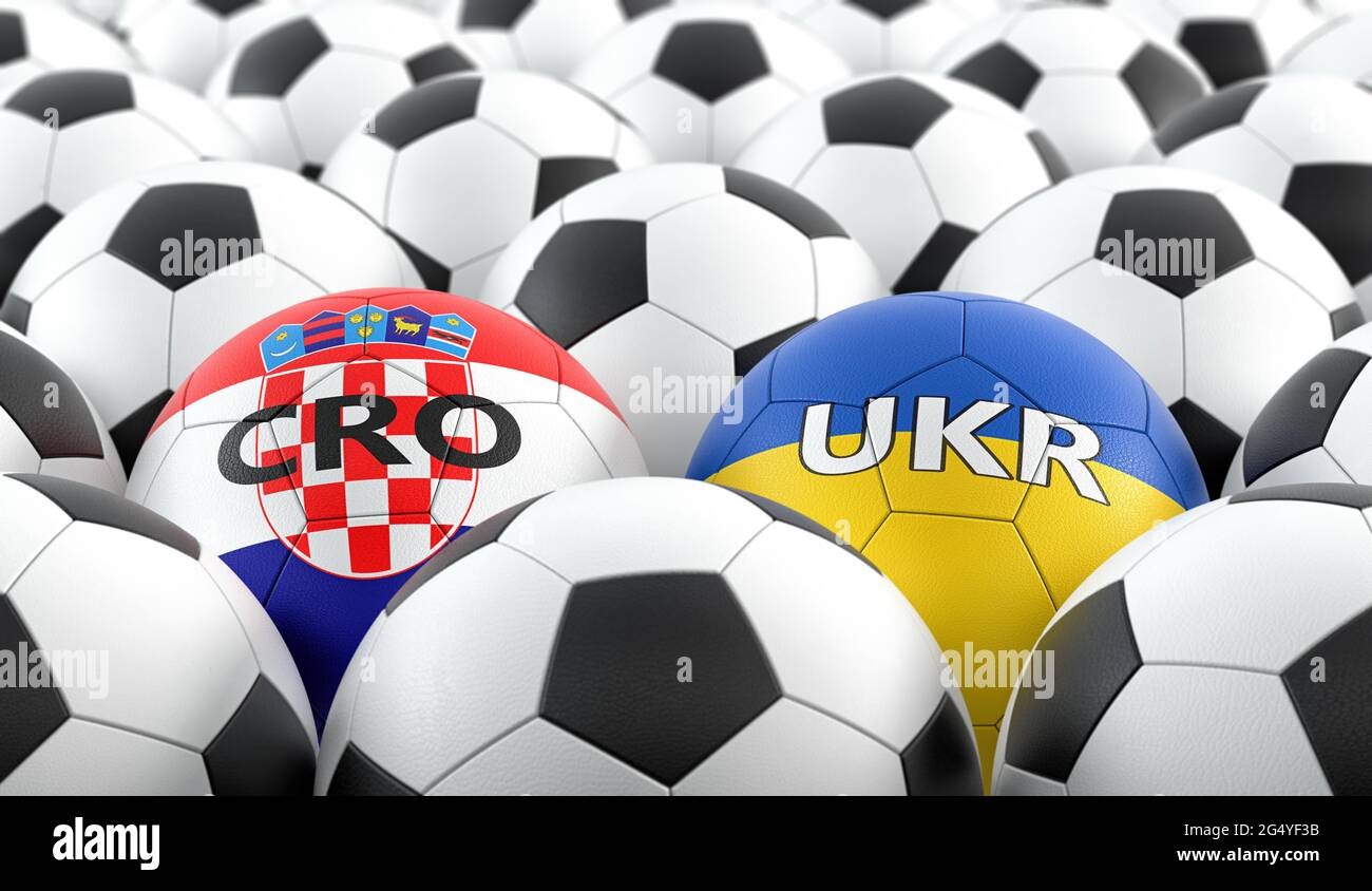 Croatia vs. Ukraine Soccer Match - Leather balls in Croatia and Ukraine national colors. Copy space on the right side. 3D Rendering Stock Photo