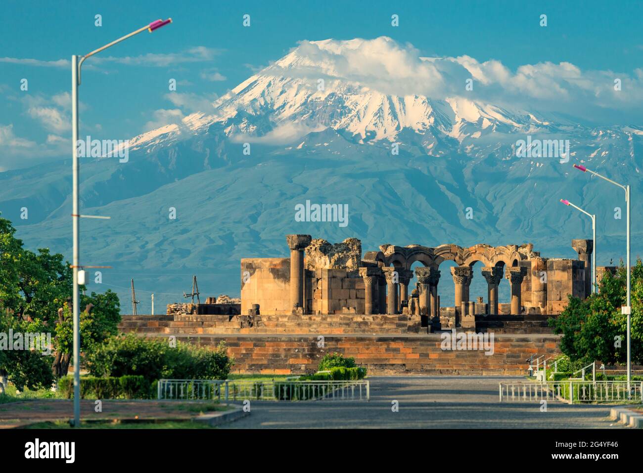 ancient ruins of Zvartnots temple, Armenia, view of Mount Ararat Stock Photo