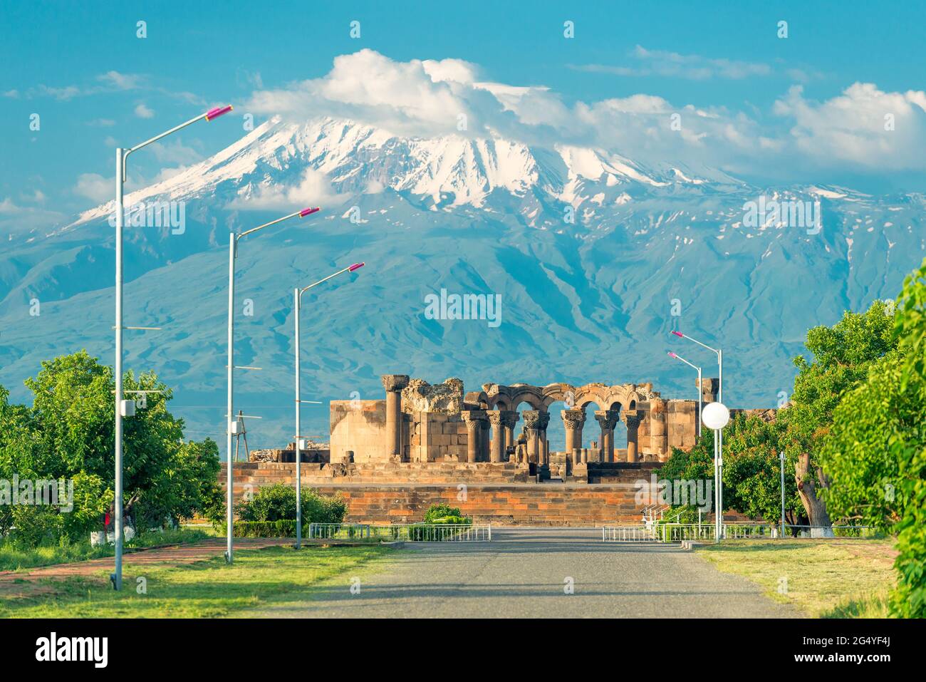 Armenia Landmark - Ruins of Zvartnots Temple on the Background of High Ararat Stock Photo