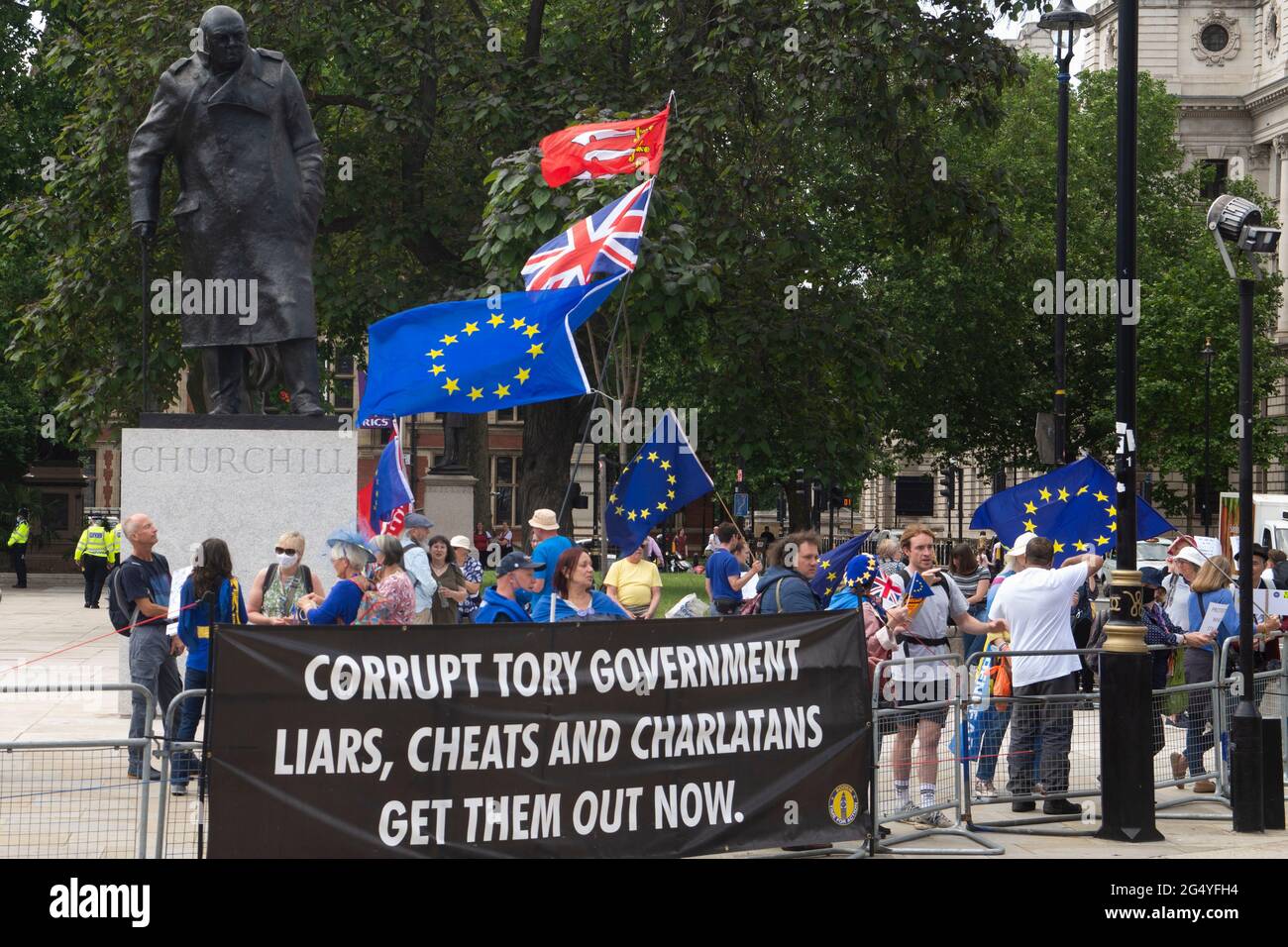 Whitehall, London, UK - 23 June 2021 - Banner along the railings at Parliament Square at the demonstration in Whitehall, London organised by SODEM  to Stock Photo