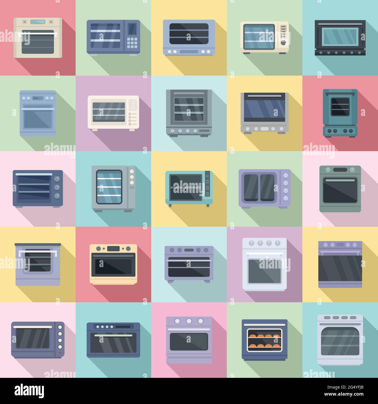 Convection oven icons set, flat style Stock Vector