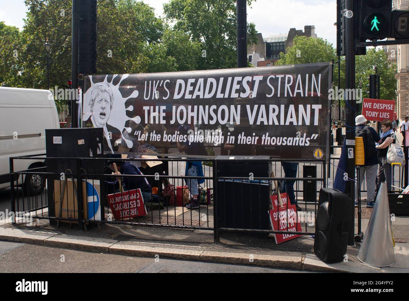 Whitehall, London, UK - 23 June 2021 - Banner along the railings at Parliament Square at the demonstration in Whitehall, London organised by SODEM  to Stock Photo