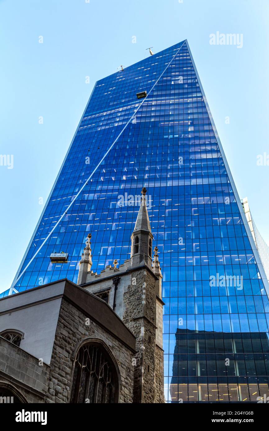 Exterior of the Scalpel Building on Lime Street with St Andrew Undershaft Church at front in the City of London, UK Stock Photo