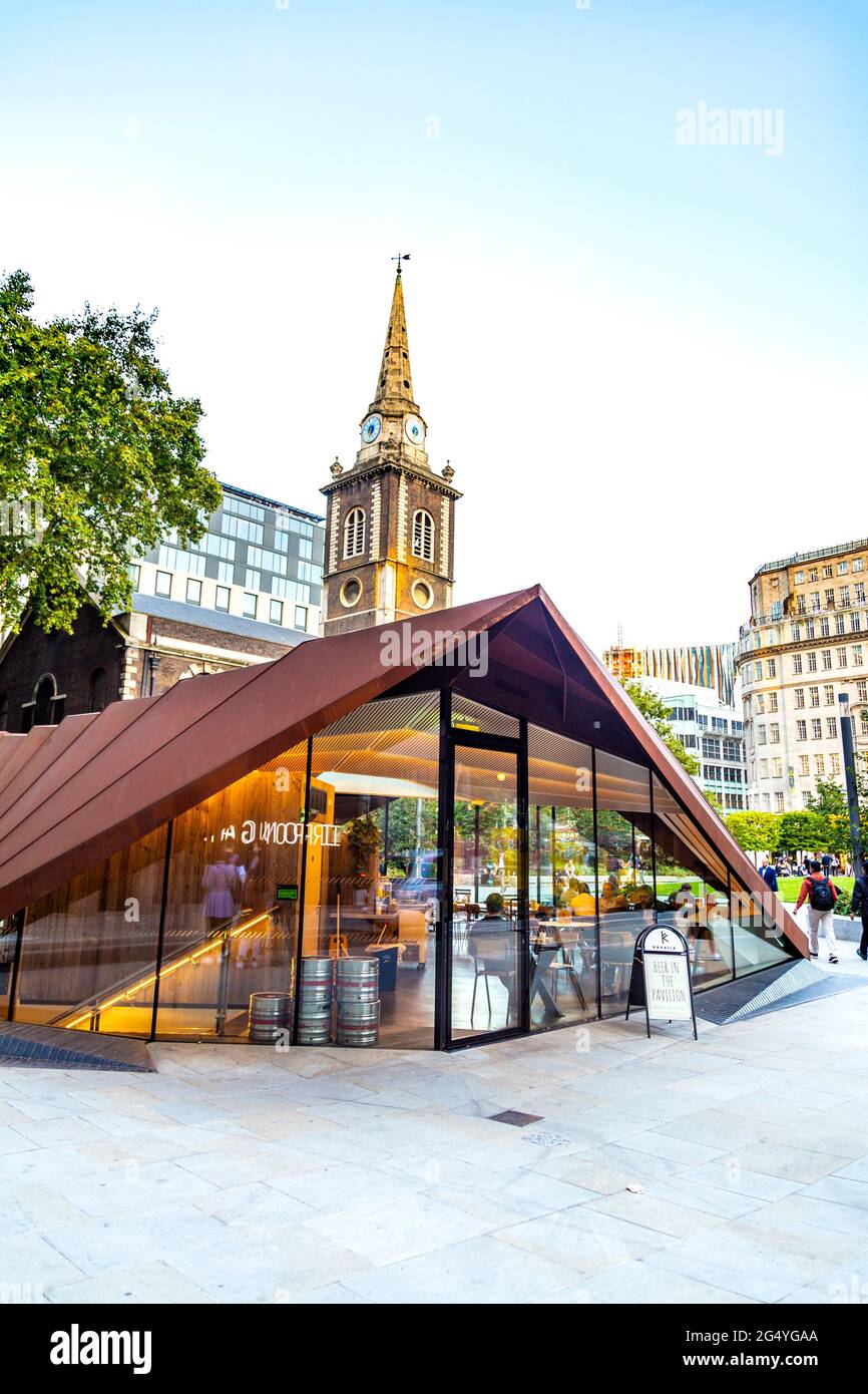 Kahalia Cafe inside a contemporary pavilion in Aldgate Square, East London, UK Stock Photo