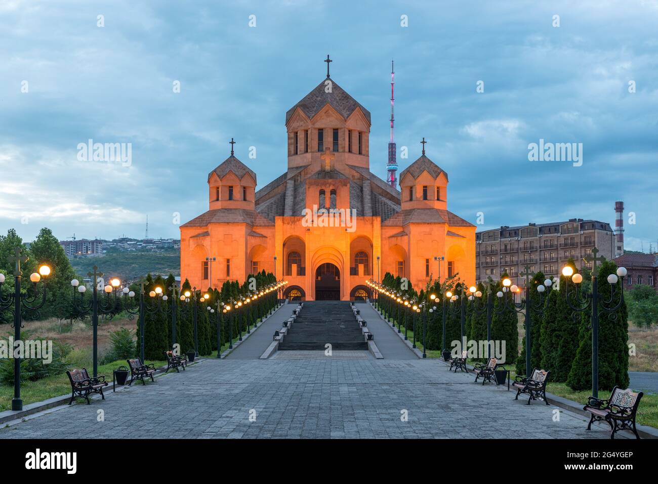 Orthodox church of St. Gregory in the evening, Erevan, Armenia Stock Photo