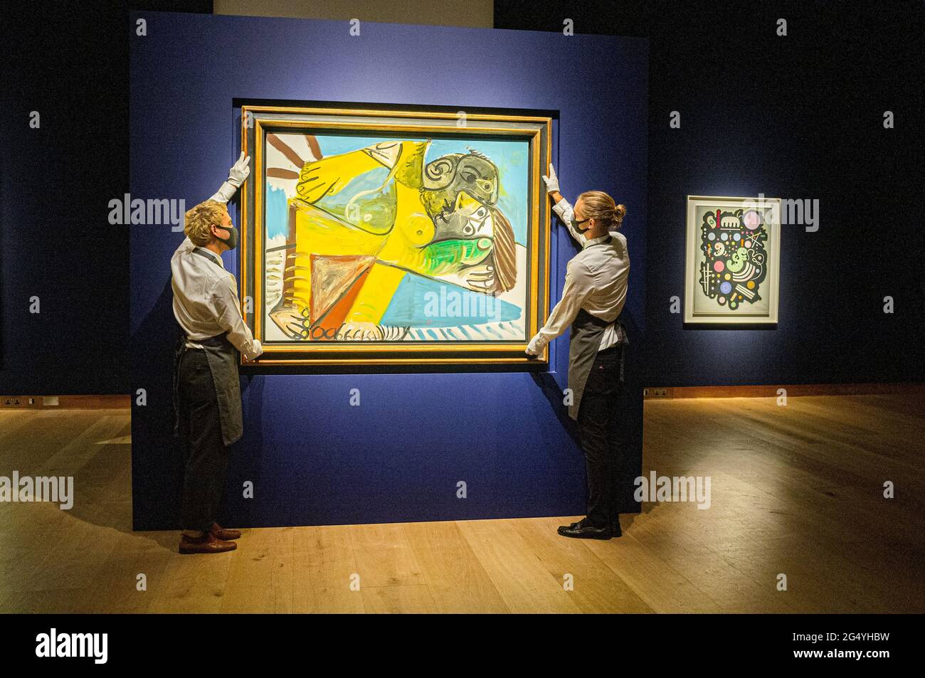 LONDON 24 June 2021. PABLO PICASSO (1881-1973) L'Étreinte oil on canvas. Painted in Mougins on 23 October 1969 Estimate GBP 11,000,000 - GBP 16,000,000 with WASSILY KANDINSKY (1866-1944). Noir bigarré. Estimate: GBP 8,000,000 - GBP 12,000,000. The sale takes place on 30 June.  IMAGES ARE ASKED TO BE UNDER EMBARGO UNTIL 10:30 AM. Credit amer ghazzal/Alamy Live News Stock Photo