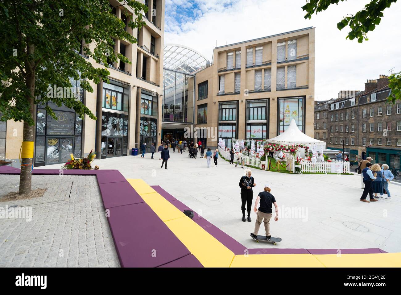 Edinburgh, Scotland, UK. 24 June 2021. First images of the new St James Quarter which opened this morning in Edinburgh. The large retail and residential complex replaced the St James Centre which occupied the site for many years. Pic; Exterior of entrance to mall onto Leith Street. Iain Masterton/Alamy Live News Stock Photo