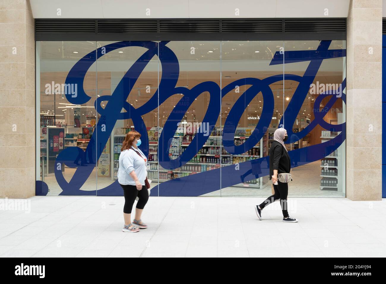 Edinburgh, Scotland, UK. 24 June 2021. First images of the new St James Quarter which opened this morning in Edinburgh. The large retail and residential complex replaced the St James Centre which occupied the site for many years. Pic; New Boots store inside mall. Iain Masterton/Alamy Live News Stock Photo