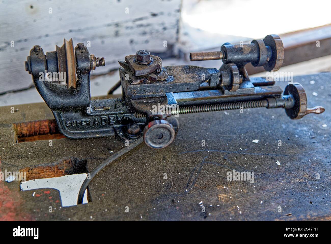 Inside a vintage old dusty car service workshop - Beamish Village