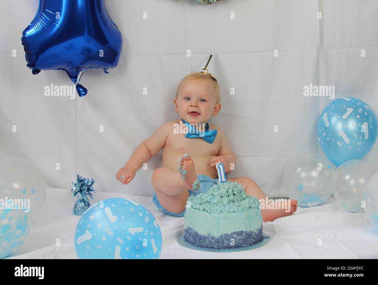 Baby Boy First Birthday A Cake Smash Party Stock Photo Alamy