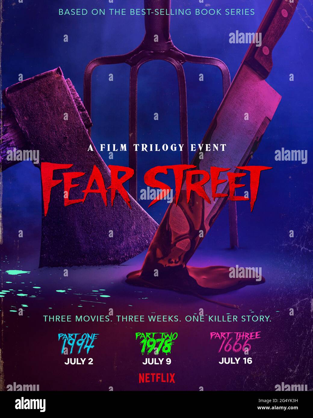 Fear Street Trilogy B8(2021) directed by Leigh Janiak and starring Olivia Scott Welch, Gillian Jacobs, Sadie Sink and Emily Rudd. 3 films based on R.L. Stine's best-selling novels about teenagers who uncover an evil responsible for a series of brutal murders that have plagued their town of Shadyside for over 300 years. Stock Photo