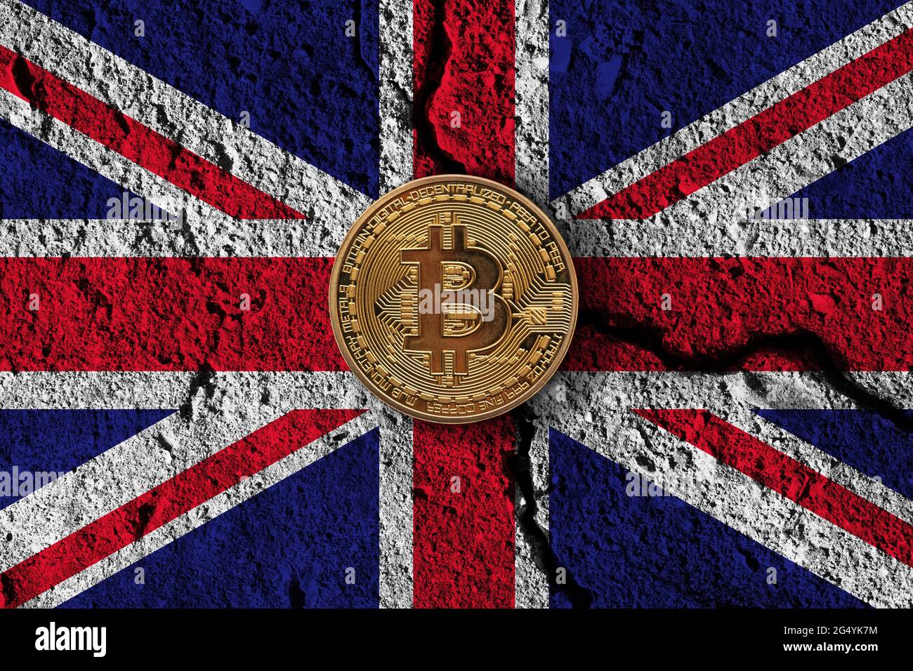 Bitcoin crypto currency coin with cracked UK flag. Crypto restrictions  Stock Photo - Alamy