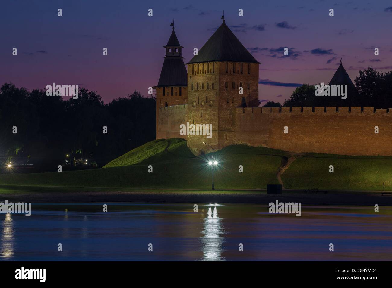 June night at the ancient towers of the Detinets of Veliky Novgorod. Russia Stock Photo
