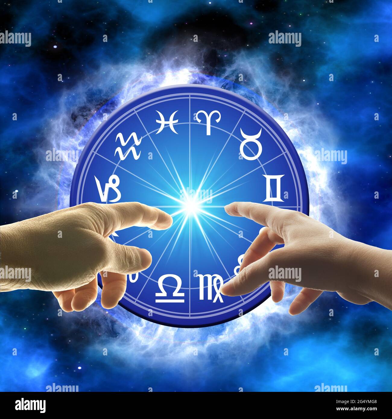 couple hands pointing at a wheel of zodiac with all astrology signs Stock Photo