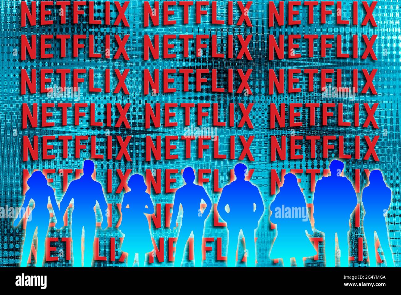 silhouettes of people in front of a  wall with Netflix logo pattern Stock Photo