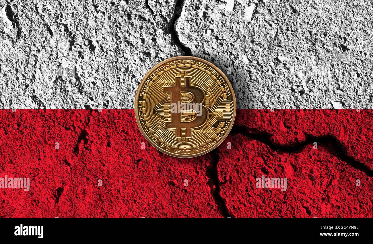 Bitcoin crypto currency coin with cracked Poland flag. Crypto restrictions  Stock Photo - Alamy