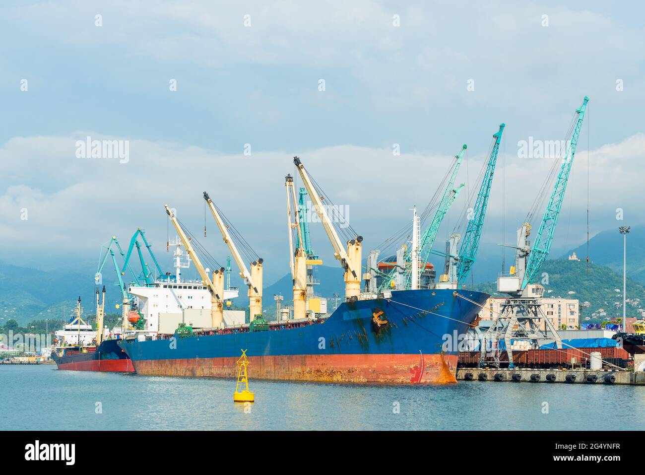 Cargo ship and cargo cranes in the port of a large city at sea Stock Photo