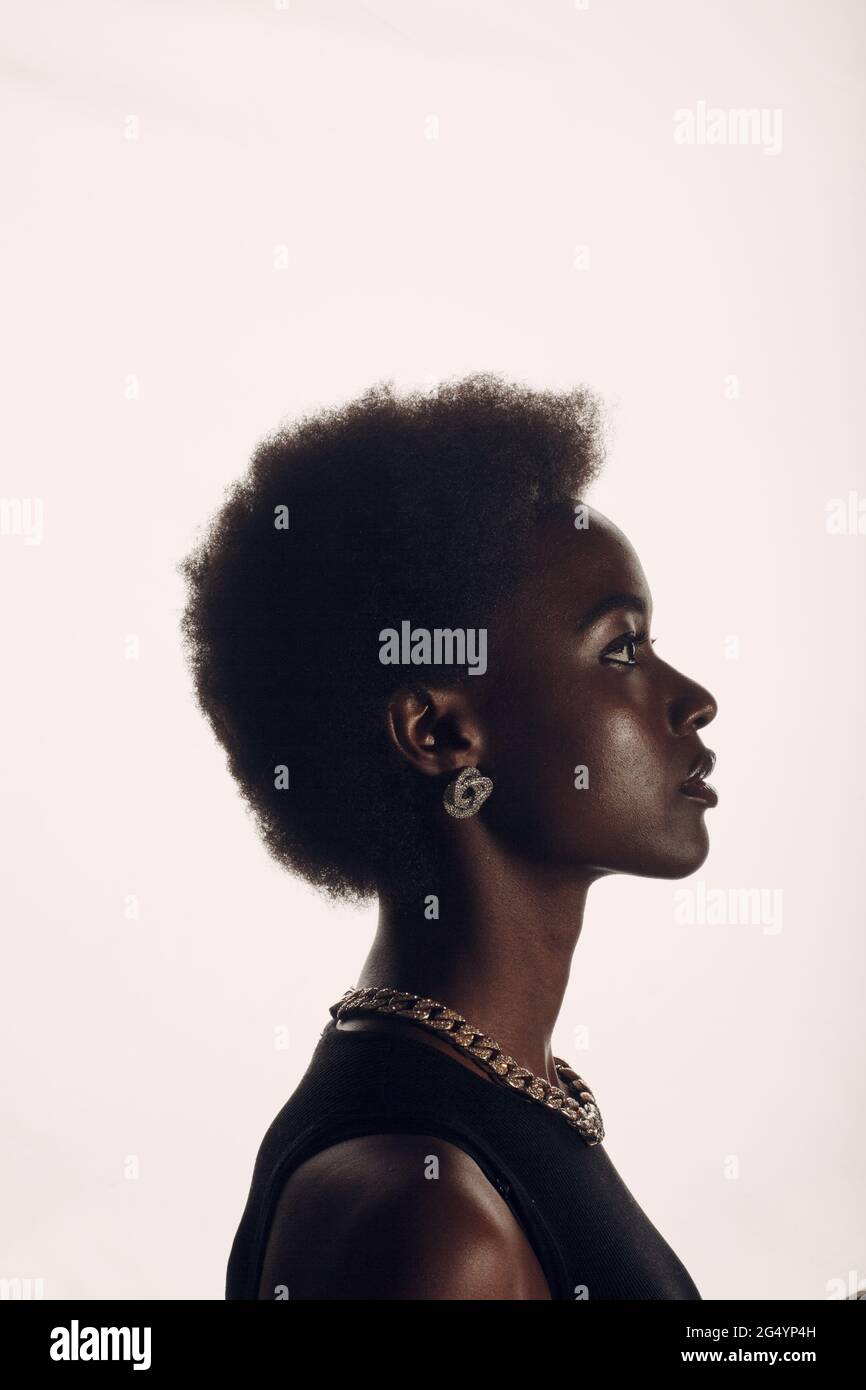 Close up vertical profile portrait of african american woman with afro ...