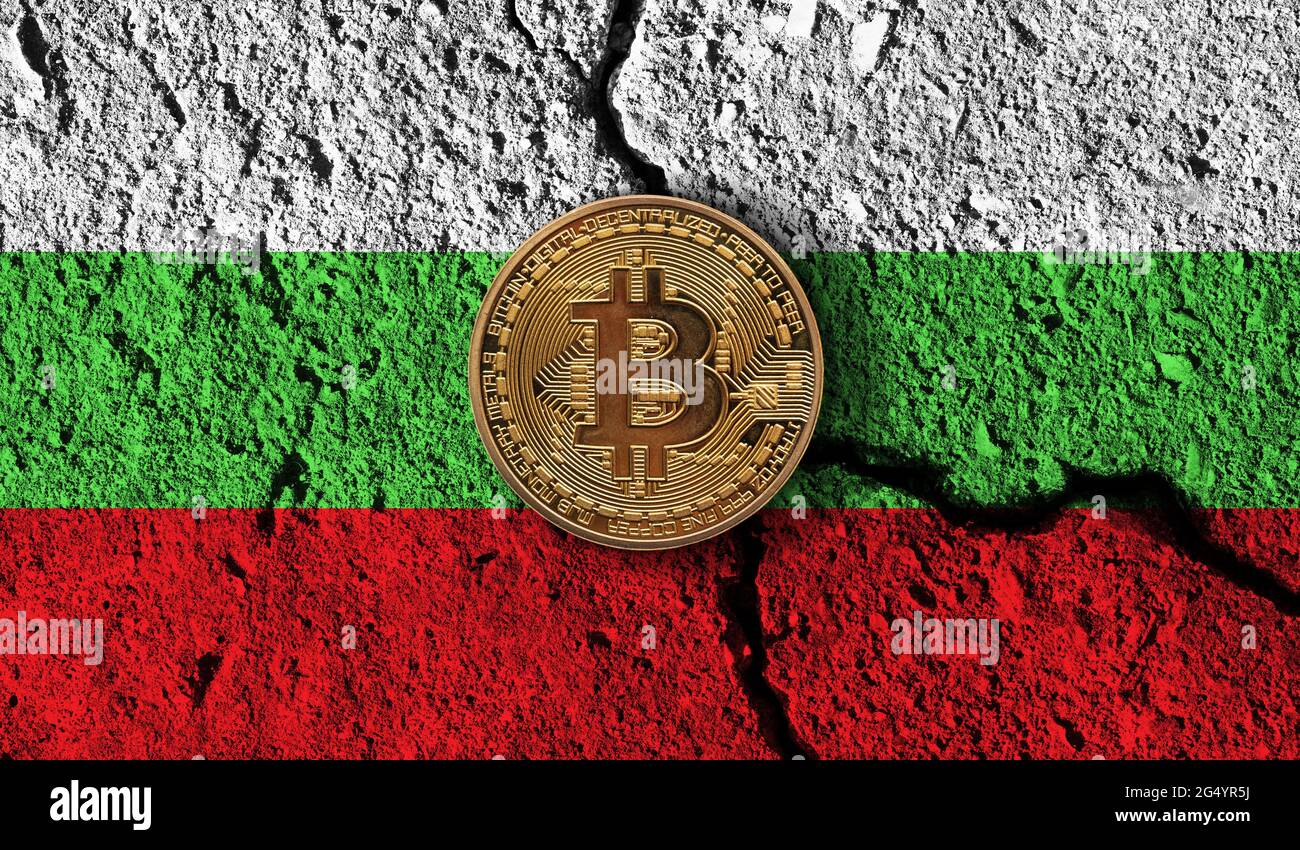 Bitcoin crypto currency coin with cracked Bulgaria flag. Crypto  restrictions Stock Photo - Alamy