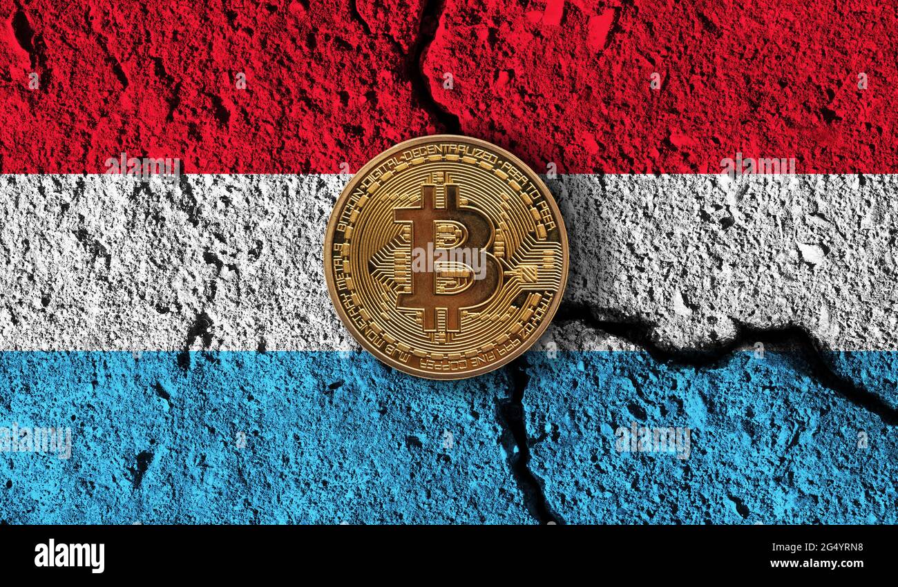 Bitcoin crypto currency coin with cracked Luxembourg flag. Crypto  restrictions Stock Photo - Alamy